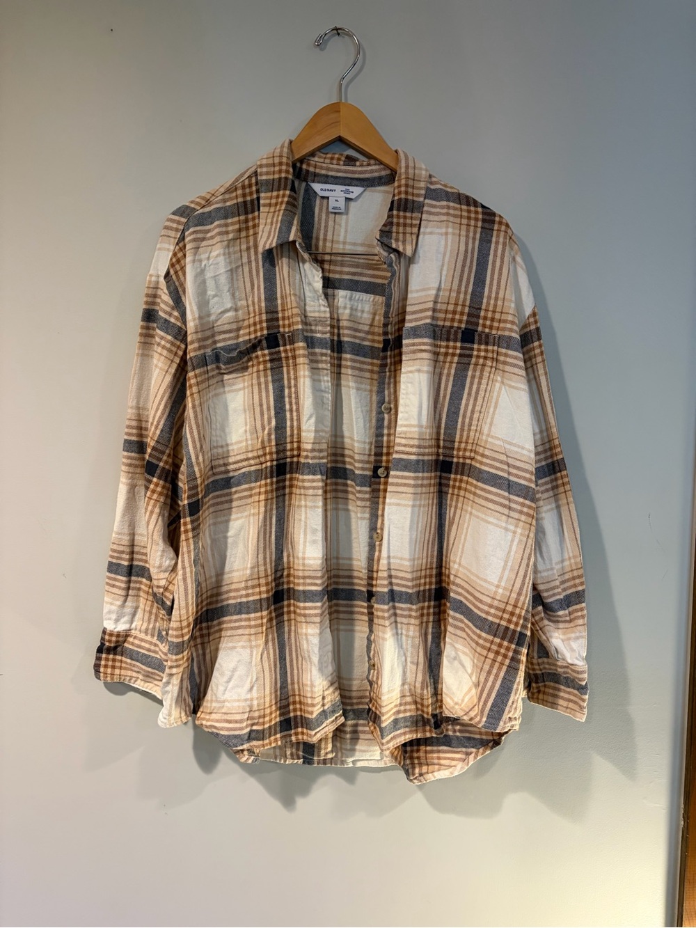 Old Navy Plaid Button-Down Shirt in Cream and Brown